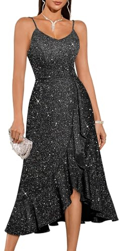 DRESSTELLS Women's Sequin Cocktail Dresses, Sparkly Formal Wedding Guest Bridesmaid Church Prom Party Evening Gown Long Dress for Teens Glitter Black L
