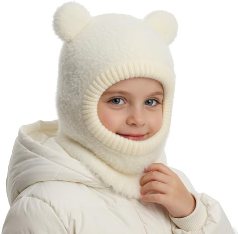 AYPOW Bonnet Cagoule Enfant d'Hiver pour Bébé de 4 à 8 Ans, Tricot Chaud Ensemble Chapeau Écharpe Oreilles avec Pompon, Thermique Coupe-Vent Chapeaux Tout-Petits Garcon Fille Masque Doublé en Polaire