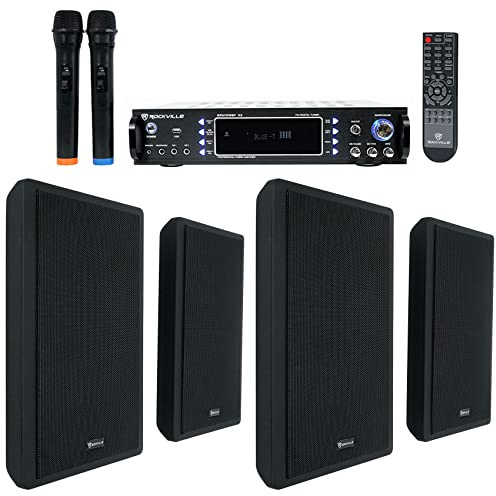 Rockville 1000W Bluetooth Receiver+(4) Wall Speakers+Mics 4 Restaurant/Bar/Cafe