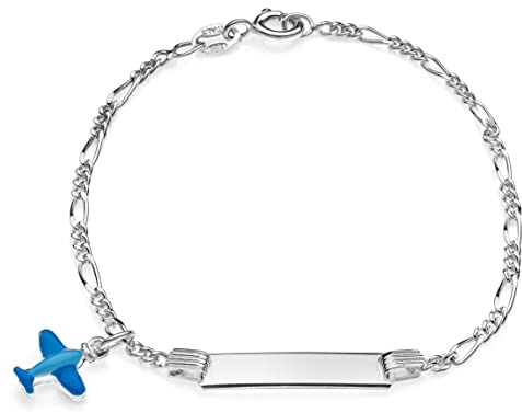 Aka Gioielli® - Bracciale Targhetta Identificativa Bambino Argento 925 con Aereo Azzurro Smaltato, Regalo comunione