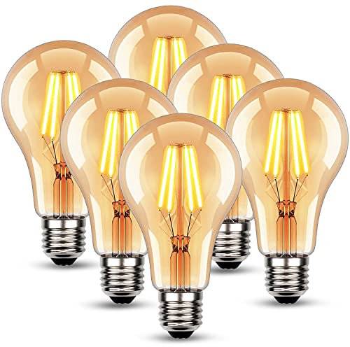Edison Vintage Glühbirne, E27 LED Vintage 4W A60 E27 LED Warmweiss 2700K Retro Glühbirne Ideal für Nostalgie und Retro Beleuchtung - Bernstein Glas - 6 Stück
