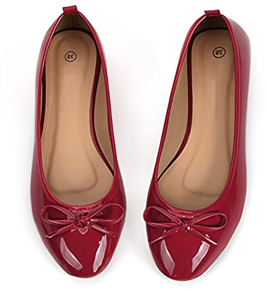 Dernolsea Womens Ballet Flats, Patent Leather Bow Round Toe Foldable Flat Slip On Pumps Dolly Ballerina Shoes Wine Red Size 6