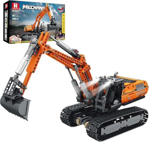 Reobrix 22003 Technic Remote Controlled Excavator Building Blocks, 1106 Pieces Crawler Excavator Clamping Blocks, Motorised Truck Bulldozer Construction Set, Creative Gifts for Teenagers and Adults
