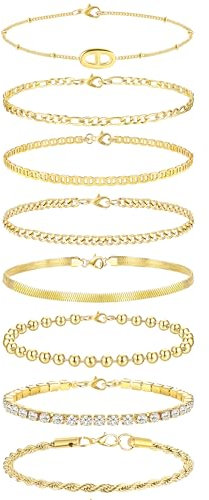 Krfy Edelstahl Armband Set für Damen - 18 Karat Vergoldetes CZ, Silber Figaro, Kubanische Tenniskette, Twist Fischgrätenkette, Stapelbares Schmuck