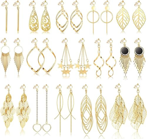 JeweBella 15 Paar Ohrclips für Damen Mädchen - Boho Hängend Clip Twist Lang Tropfen Quaste Gold Ohrringe Baumeln Set Ohne Ohrlöcher - Hypoallergen Welle Blatt Lange Bar