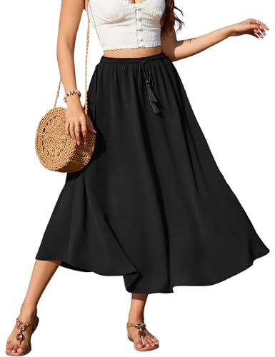 Zeagoo Jupe Longue Femme Haute Taille A-Ligne Mesh Noire avec Cordon - Décontractée - Taille XL