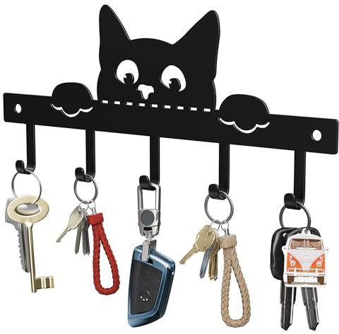 OriwarE Schlüsselbrett, Schlüsselleiste mit 5 Haken, Schlüsselbrett Schwarz, Geeignet für Eingangsbereich und Wohnzimmer (Katzengestalt)