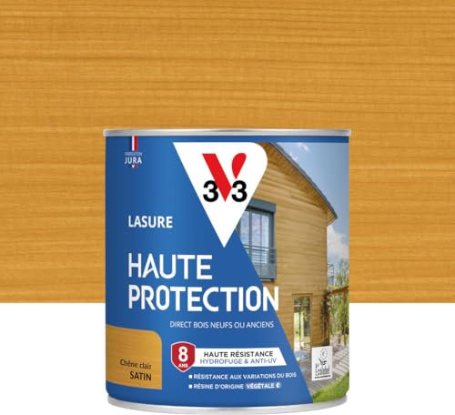 V33 Lasure Bois extérieur Chêne clair satin - Haute Protection 8 ans - Haute résistance hydrofuge et anti-UV - Résiste aux variations du bois - Ecolabel, résine d'origine végétale - 0,75L