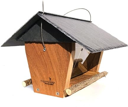 Koppersdesign, Silo Vogelfutterhaus, wetterfest, FSC Hartholz, Schieferdach, luxus Vogelfutterstation zum Aufhängen, schön & hochwertig, sehr beständig, zwei Futterkammern, Handarbeit FSC-zertifiziert