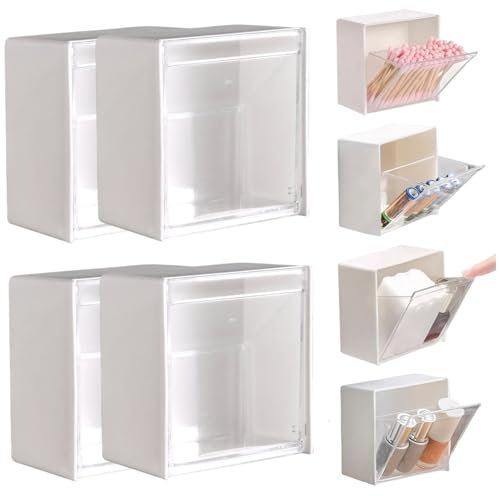 Lot de 4 distributeurs de cotons-tiges 8,6 x 4,6 cm - Support mural Qtip avec couvercle à rabat - Installation sans perforation - Pour cotons-tiges, cotons-tiges, pinces à cheveux et petits articles