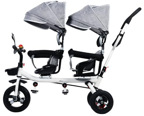 funrautz Zwillings-Baby-Kinderwagen mit Baldachin, Dreirad für Kleinkinder, Schiebe-Dreirad mit stoßfestem Gummirad, Spazierengehen Kinderwagen mit Aufbewahrungskorb & Sicherheitsgurt, Grau