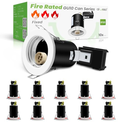 ALUSSO Fire Rated GU10 Can Downlights, LED Recessed Ceiling IP20 Spotlights 90 Minute Fire Resistant, Ф65-70mm Cutout 230V Terminal Block Quick Screwless, Bulbs Not Included, White - 10 Pack