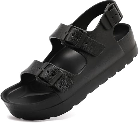 Waysoland Sandali da donna estivi, sandali ortopedici da donna, con suola spessa, sandali piatti con fibbia regolabile e cuscino ultra, Doppia fibbia nera, 39 EU