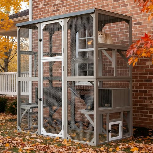Catio - Casa grande para gatos al aire libre, ventana para gatos múltiples, jaula para gatitos con 5 plataformas, 3 puertas de acceso, techo de lona de 172 cm de alto