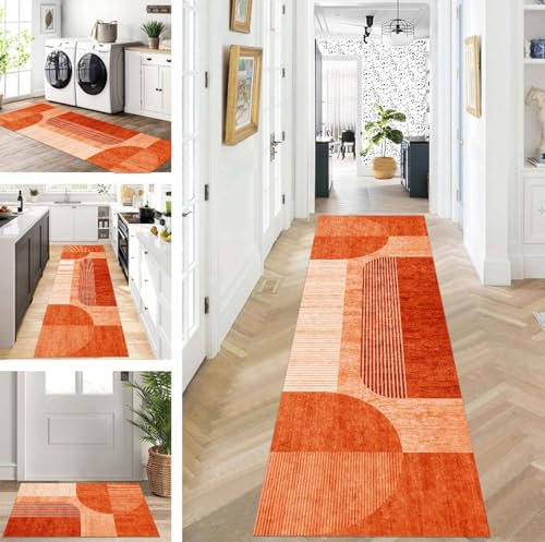 ZUZEKU Abstrakte Läufer Flur Küche Waschbar rutschfest Korridor Teppichmatten 70X400cm Lang Orange Küchenteppich Flurteppich Läufer Schlafzimmer Esszimmer Polyester Teppichläufer Meterware Anpassbar