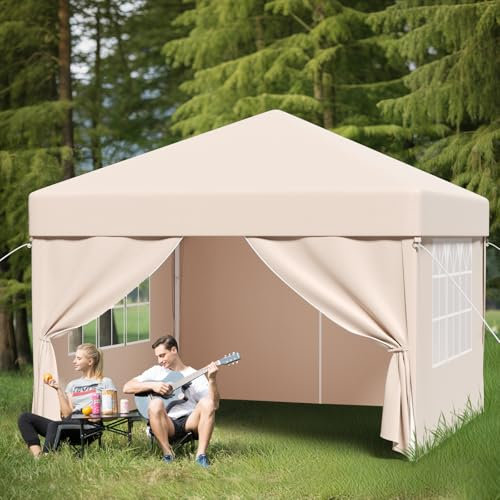 TRIUMPHKEY Tonnelle Pliante 3x3 Imperméable, Tonnelle de Jardin Exterieur UV 50+, Barnum Pliant 3x3, Réglable en Hauteur, Tissu latéral Amovible sur 4 Côtés, Idéal pour Le Camping, Le Jardinage, Beige