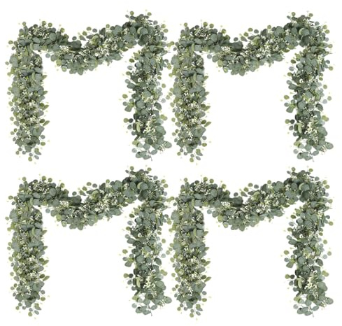 Guirnalda de eucalipto, guirnalda artificial de planta de 180 cm, hojas colgantes, flores blancas, guirnalda verde eucalipto, guirnalda de flores, planta artificial colgante para bodas, fiestas, marco