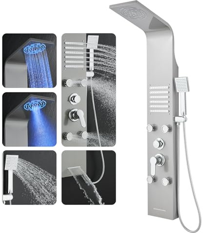 ROVOGO Panneau Colonne de Douche Hydromassante LED avec Mitigeur Brossée, 6 Modes - Brume/Pluie/2 Types de Jets de Massage/Douchette/Bec de Baignoire Cascade, Panneau Douche Acier Inox, Montage Mural