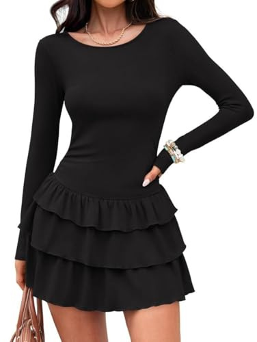 MeeQee Vestito Sexy Donna Maniche Lunghe Mini Abito Elegante Aderente Abito da Sera Scollo a Girocollo Casual Vestito Corto Bodycon Nero A Line Orlo Volant Abiti per Discoteca Cocktail Party Festa