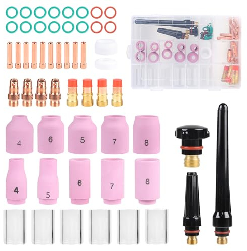 EFUTURETIME 55-tlg WIG Schweißzubehör für WP-17/18/26, WIG Schweißgerät Verschleißteile Set mit WIG-Rückkappe, Keramikdüsen, Pyrex-Glasbecher, Spannhülsen, Kurzgaslinse, O-Ringe, Spannhülsengehäuse