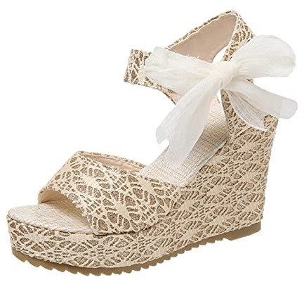 Scarpe Donna Zeppa Sandali Estivi Comodi Sandali Estivi a Punta Con Zeppa Alta Con Nastro Donna e Tacco a Spillo Tacco Molla da Neri Bassi Scarpe (Beige 42)