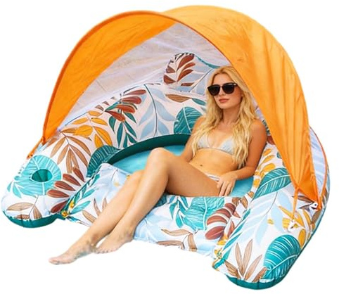 Pool Float With Canopy - Blow Up Water Lounge Chair | Swimming Pool Float With Ergonomic Headrest | For Summer Vacation Travel Resort Beach Lake River Outdoor Water Activities