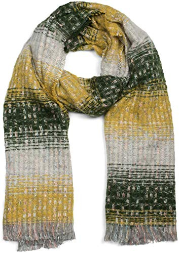 styleBREAKER Sciarpa da donna con motivo a strisce e reti, paillette e frange circolari, sciarpa invernale, stola, foulard 01017114, colore:Giallo-verde scuro-grigio chiaro