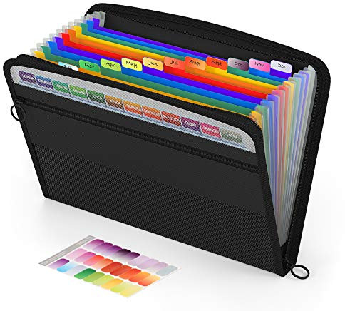 ABC life Dokumentenmappe A4 mit Reißverschluss, Ordner A4 13 Fächern mit Fronttaschenhalter/Klebeetiketten, Wasserdichte Akkordeonmappe, Erweiterbar Ordnungsmappe Mappe für Büro Schule (Schwarz)