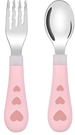 Vicloon Set di Posate per Bambini, 2 Pezzi Cucchiaio e Forchetta per Bambini Senza BPA, Posate Da Bambino in Acciaio Inossidabile Adatto per Bambini dai 12 mesi in su (Cuore D'amore Rosa)