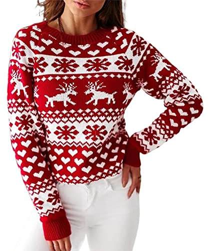 ZAFUL Women's Christmas Snowflake Knitted Sweater Long Sleeve Crew Neck Heart Print Pullover Knitwear