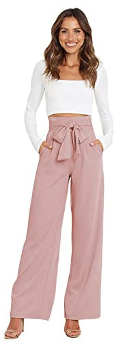 Odizli Pantalon Femme Élégant Taille Haute Large Long Pantalon d'été Pantalon d'affaires Cérémonial avec Ceinture, Rose, XL