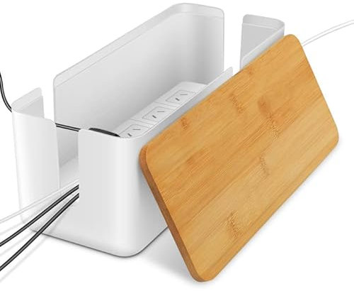 Firschoie Kabelmanagementbox, Aufbewahrungsbox für Kabel mit Bambusdeckel, Aufbewahrungsbox aus Draht zum Verstecken von Kabeln Organisieren Sie die Computerverkabelung, lose Drähte(Weiss)