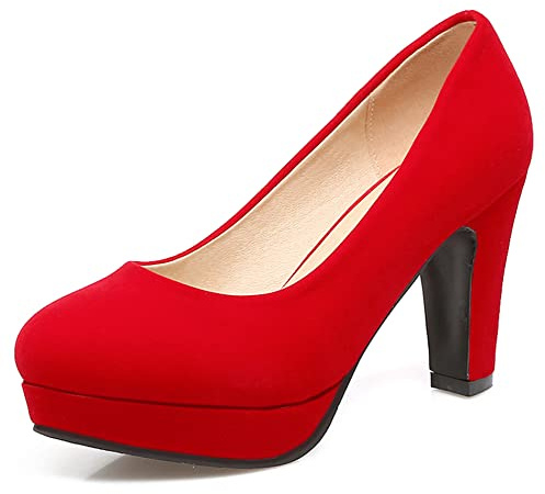 Décolleté con Tacco Largo da Donna, Pompe al Tallone Alto Punta Rotonda Senza Chiusura Scarpe da Sera con Plateau Moda Solid Scarpe Kdylay Rosso Numero 37 EU