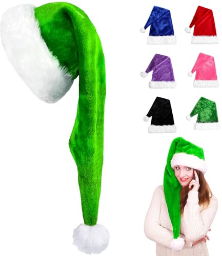 POPOYU Cappello di Natale da 75 cm, cappello di Babbo Natale per adulti, in velluto, unisex, in velluto, comodo, spesso, classico, per Capodanno, feste di Natale (verde)