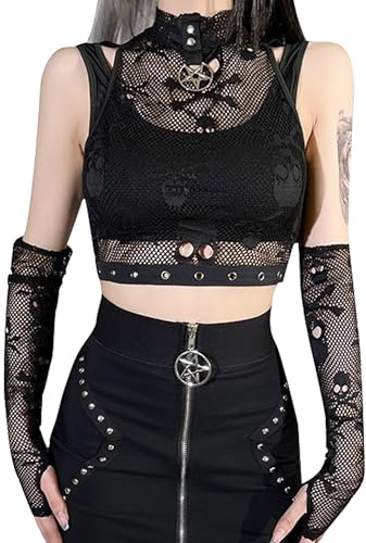 FEOYA (2 PICS) Canotta a Maniche Lunghe da Donna Canotta Nera Guanti a Rete Ritaglio Punk Gothic Cami Tank Tube Bandeau Tops Sexy Mesh Fishnet Buckle Halter Crop Top