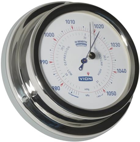 DELITE Barometer Vion HI-SENSITIV, Edelstahl poliert, weisses Zifferblatt, Durchmesser 129 mm, Tiefe 40 mm, 3 Jahre Garantie, hergestellt in Dänemark