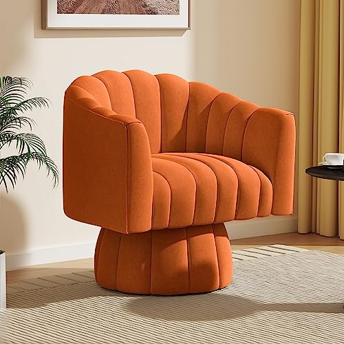 VANTEN Mid Century 360 Degree Swivel Cuddle Barrel Accent Sofa Chairs, Round Armchairs with Wide Upholstered, Fluffy Velvet Fabric Chair for Living Room, Bedroom, Office, Waiting Rooms, (Orange)