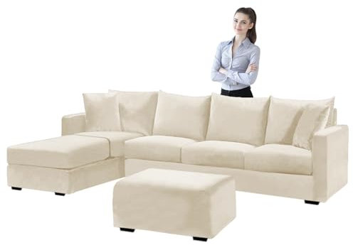SYLC Samt Couch überzug L Form Sofabezug Ecksofa, Sofa Cover L Shape Stretch Mit Sitzkissen Rückenlehne, Universal Sofaüberwurf Waschbar (Beige,Sofabezug 230-300cm)