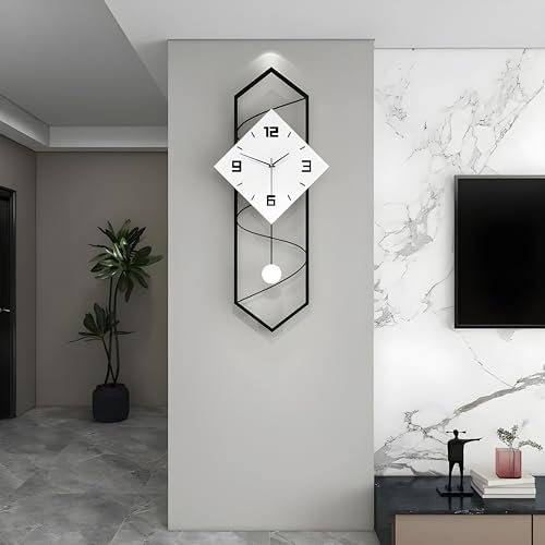 Large Pendulum Wall Clock - Modern Silent Sweep Design, 70cm x 30cm, Black and White Decorative Oversized Clock for Living Room Wall Décor