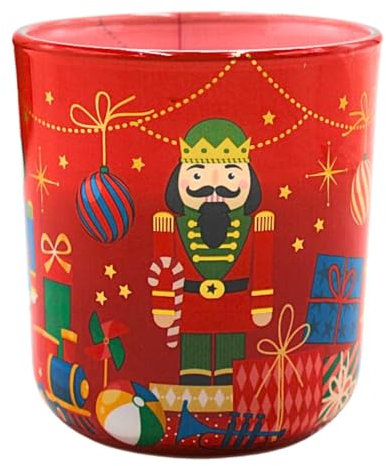 Bougie parfumée au motif casse-noisette, bougie décorative avec mèche en bois, dans un verre, senteur orange cannelle et pomme cuite, en rouge, 8 x 8 x 8 cm, durée de combustion : environ 35 h.