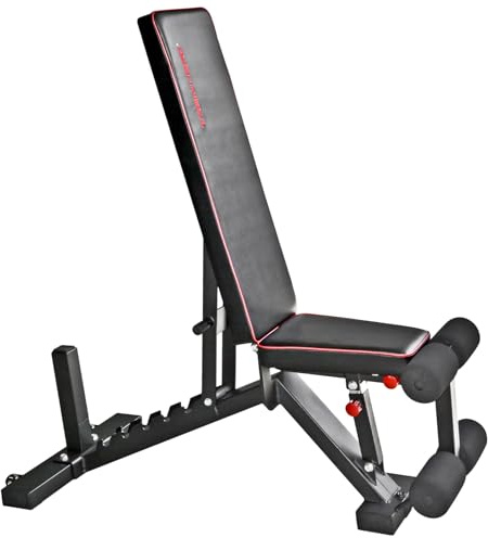 Hansson Sports® Banco de pesas premium ajustable como banco plano inclinado banco negativo con patas de fijación y ruedas de transporte, acolchado extra grueso de 7,5 cm, soporta hasta 450 kg