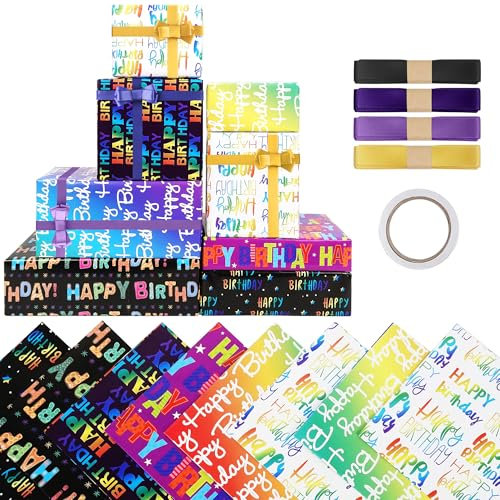 8 Stück Geschenkpapier Kinder, Bunt Geschenkpapier Geburtstag, Geschenkpapier Kindergeburtstag Set mit Schleife und Klebeband, Geschenkpapier Mädchen, Geschenkpapier Junge (50x70cm)