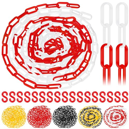 Glarks 21 barreras de cadena de plástico de 5 m x 6 mm, eslabones de cadena de plástico rojo y blanco, cadena de barrera de seguridad para control de multitudes, línea de cola, estacionamiento, sitio