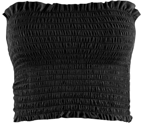 STAR FASHION Sheering Crop Boobtube for Womens Crepe Fabric Boobtube Vest Tops Ladies Gather Strapless Top Shirred Bandeau Summer Bra Crop Top-Black-16-18