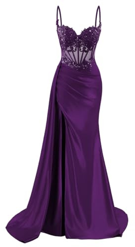Abiti da damigella d'onore in raso per donna, per matrimonio, con spacco, a sirena, abiti da sera, da cocktail, taglie forti, Uva, 46