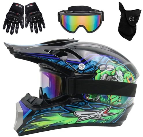 Casco de Motocross para NiñOs Y JóVenes, Aprobado por Dot, para VehíCulos Todo Terreno de Cuatro Ruedas, con Gafas, Guantes Y MáScara, para Descenso, MX, AVT, Moto de Cross(Tropical Green,L(56-57cm))