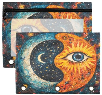 Fuauuyl Yin Yang - Estuche circular para carpetas de 3 anillas, estuche transparente con ventana para carpetas, bolsas de lápices con cremallera, paquete de 2