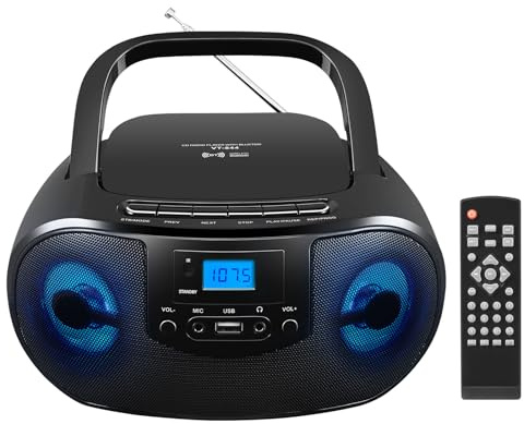 Portable CD Player Boombox with FM Radio, Top Loading CD Stereo Boom Box for Home, Bluetooth, Remote Control, LED Light, Headphone/Mic Jack, Support CD-R/RW/MP3-CD, USB, LCD Display, Black