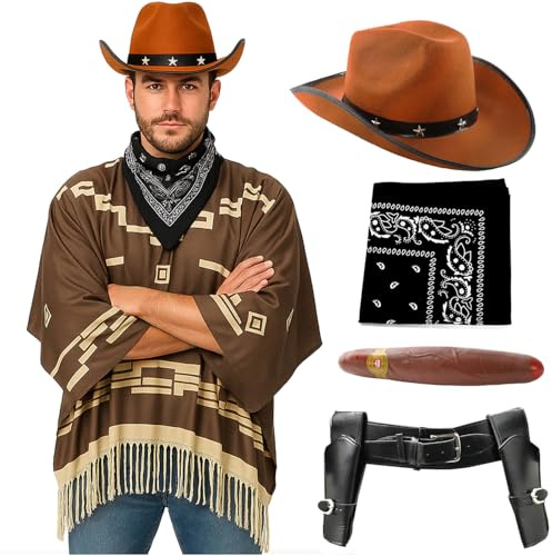 Cowboykostym för vuxna – mörkbrun poncho, brun stjärnprydd cowboyhatt, svart bandana, pistolhölster, falsk cigarr – herr vild väst bandit pistoler västerländsk maskeraddräkt