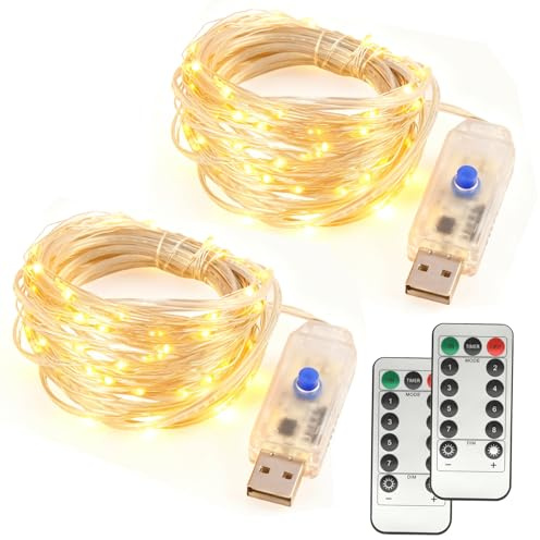 Set di 2 Stringhe di Luci LED da 120 LED, 12 m, Impermeabili con Presa USB, 8 Modalità di Illuminazione e Timer Remoto, per Decorazioni di Natale, Feste,Matrimoni e Interni/Esterni (Luce Bianca Calda)